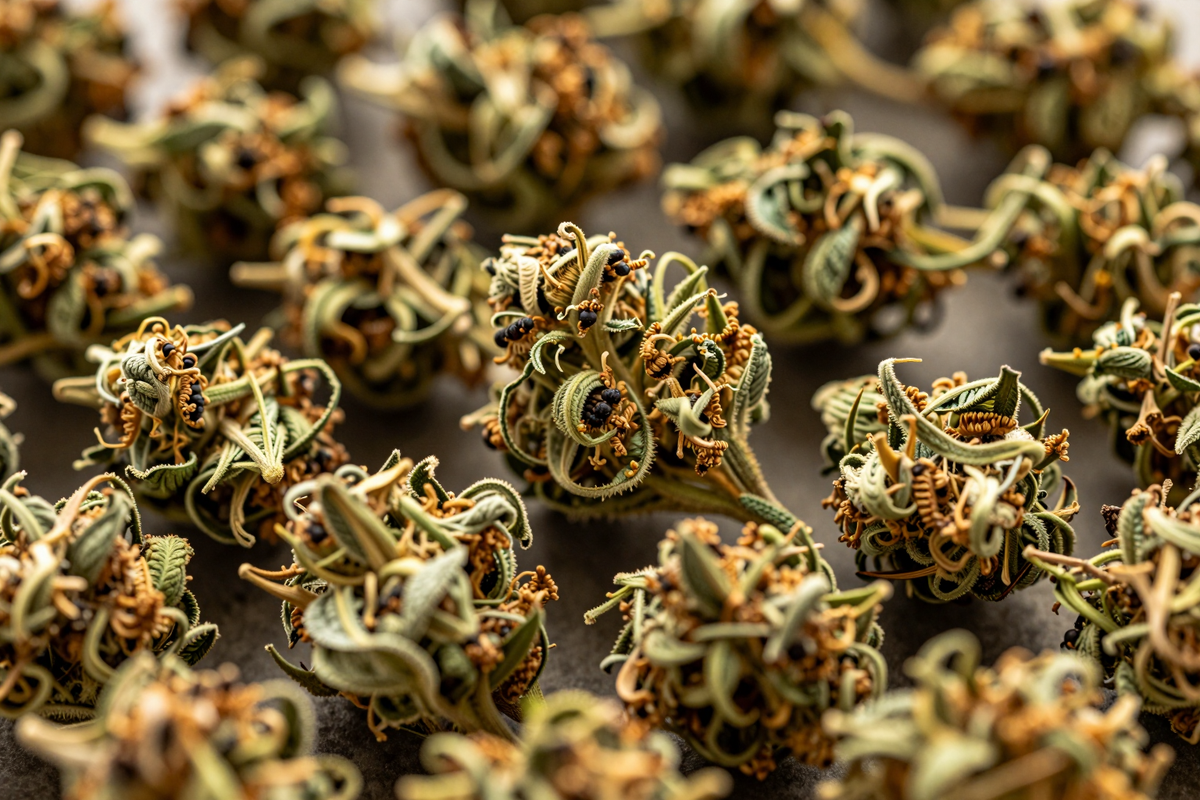 乾燥させたヘンプの花穂のマクロテクスチャ - CBD入門記事のイメージ - canna canna