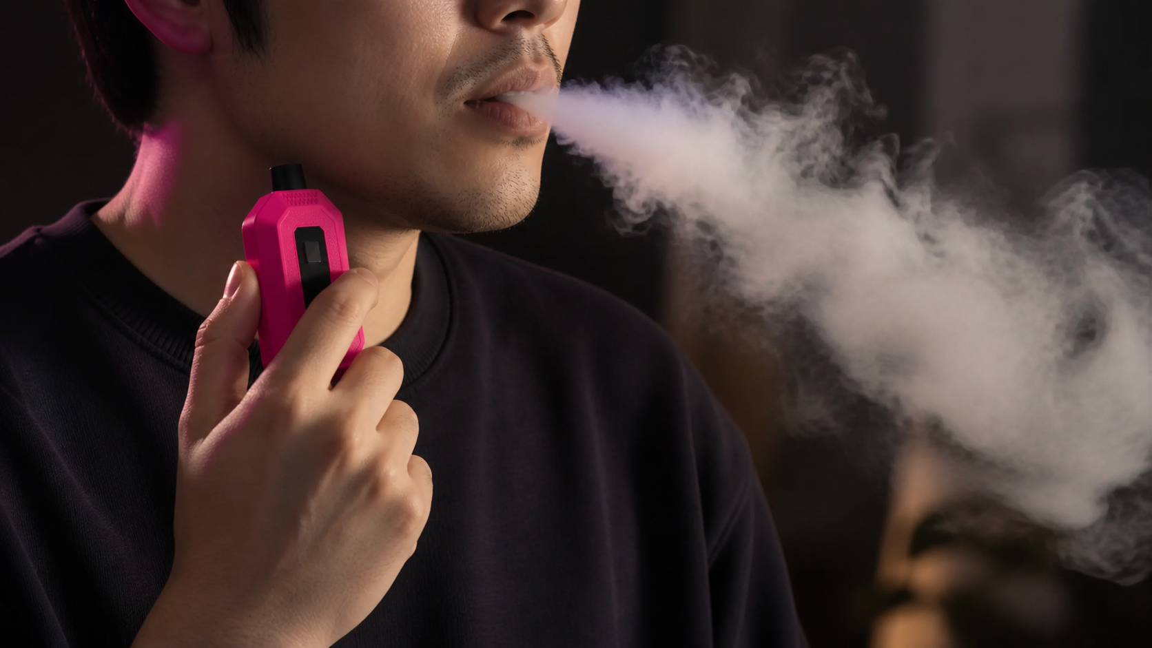 成人男性がDoteco DC650を手に持ち、VAPEの煙を吐き出している様子